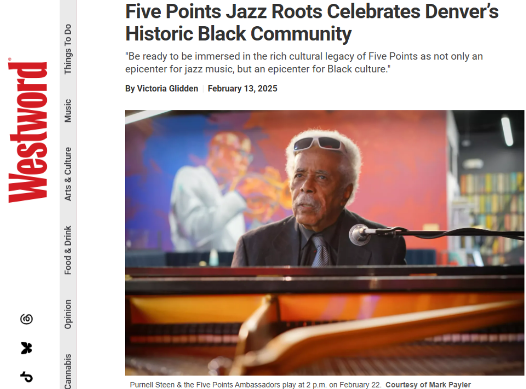 Purnell Black History in Westword Purnell Steen sits at the piano in Dazzle with sunglasses on his head and a mural of Ron Miles in the background.
