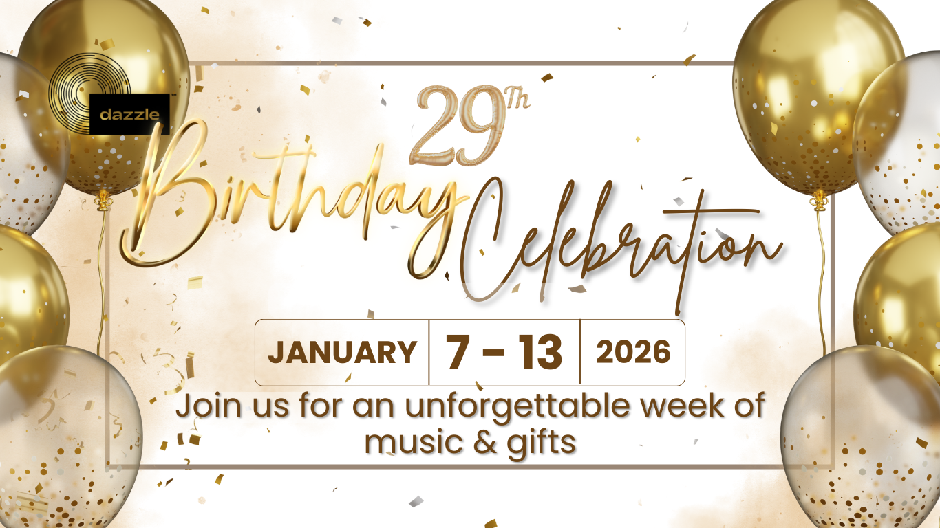 Gold and clear balloons frame the Dazzle 29th Birthday Announcement