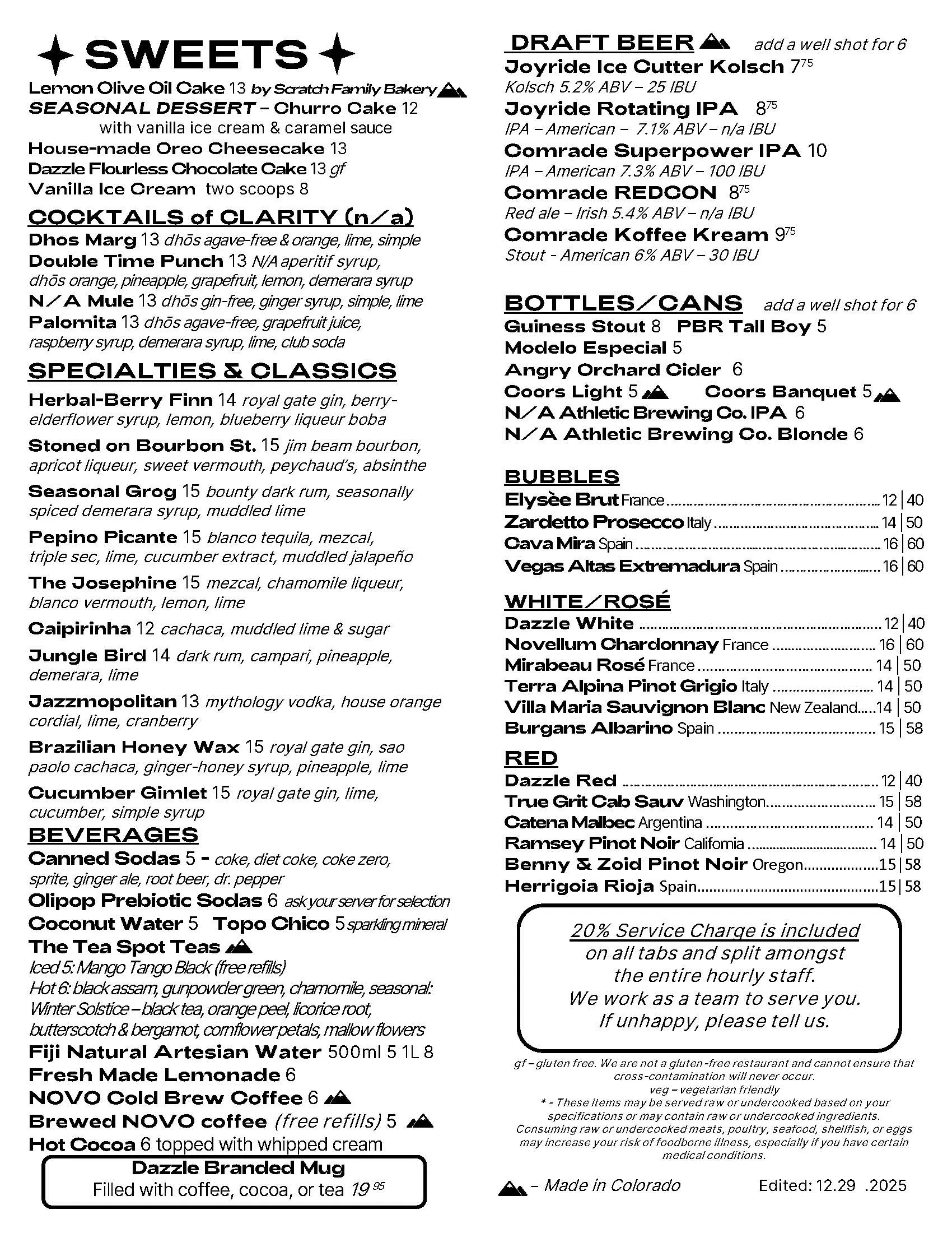 Updated Dazzle Menu 12/29/25