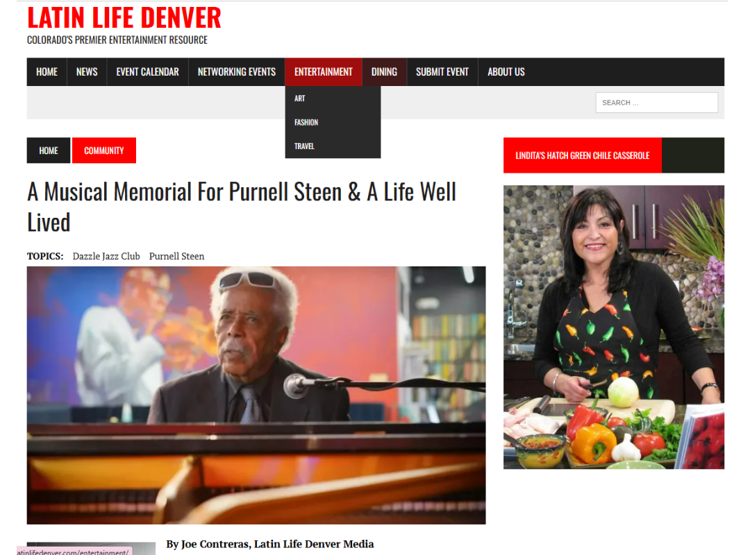 Latin Life Denver Purnell Steen sitting at a piano with a microphone in front of him. Lady getting ready to cut an onion.