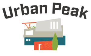 Urban Peak text at the top of a geometric building