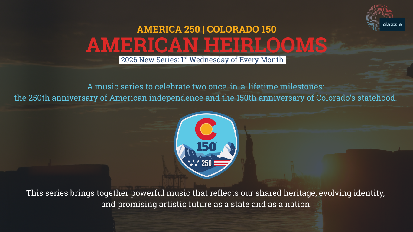 America 250 / Colorado 150 logo in the middle of text and the statue of liberty in the background
