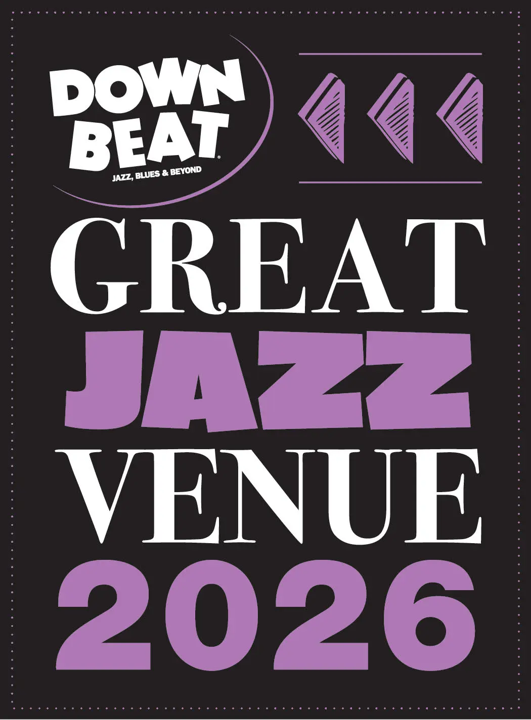 Three purple arrows in the top left point to 'DownBeat Magazine' 