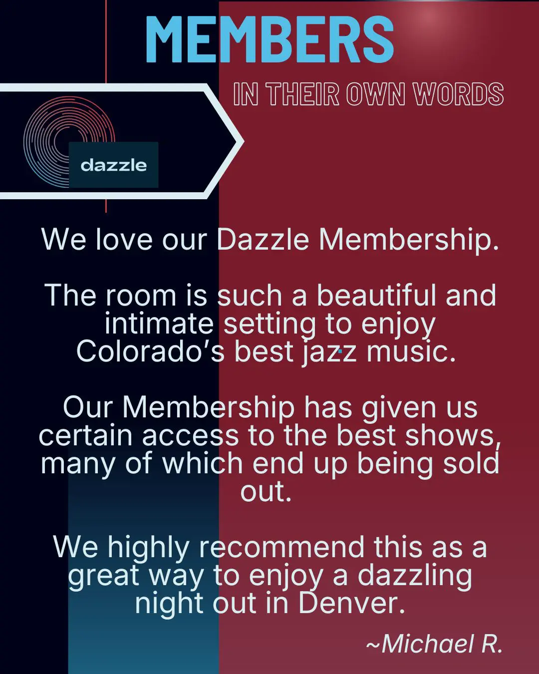 Red, blue, and black background for Member testimonial
