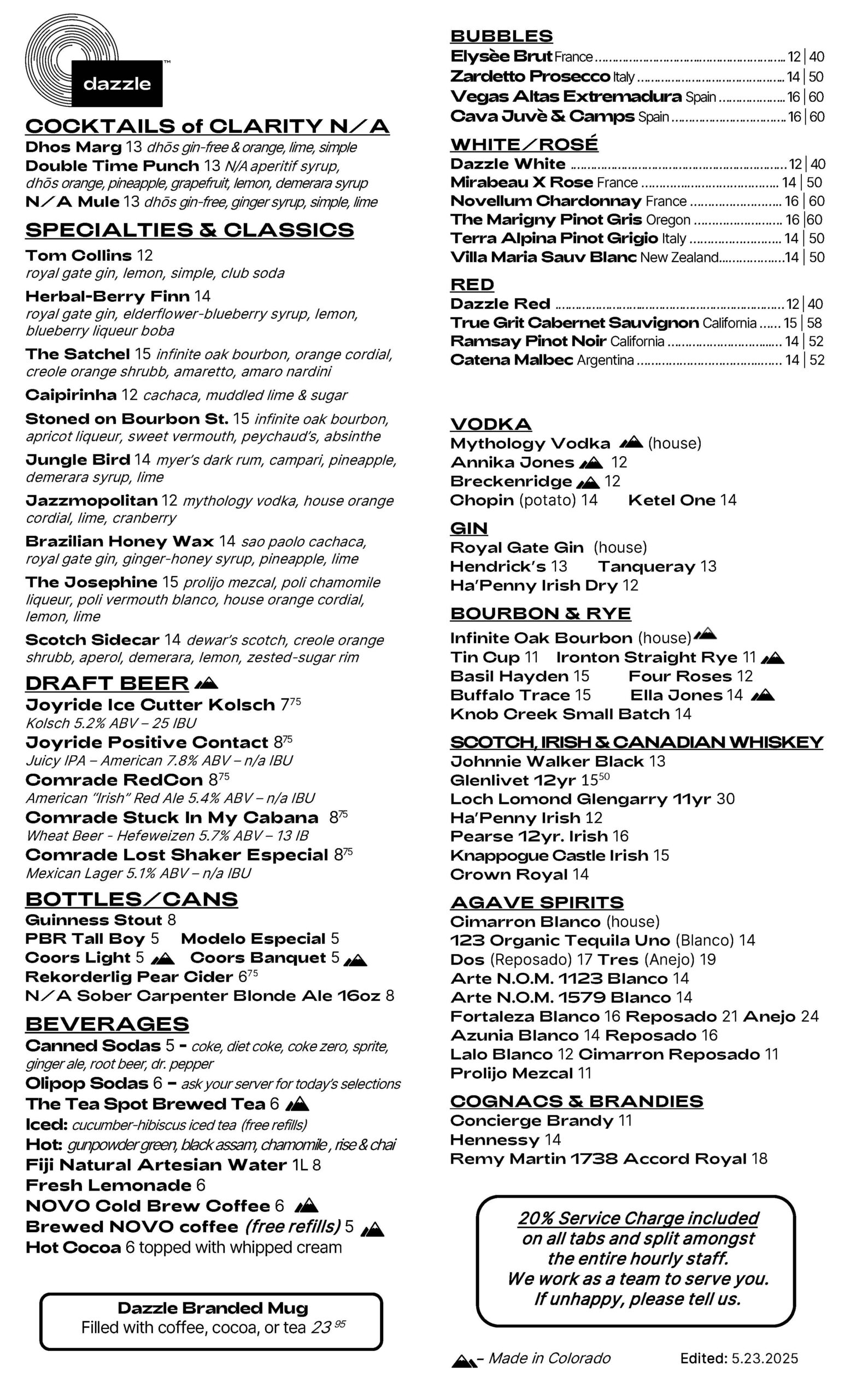 Dazzle Drink Menu