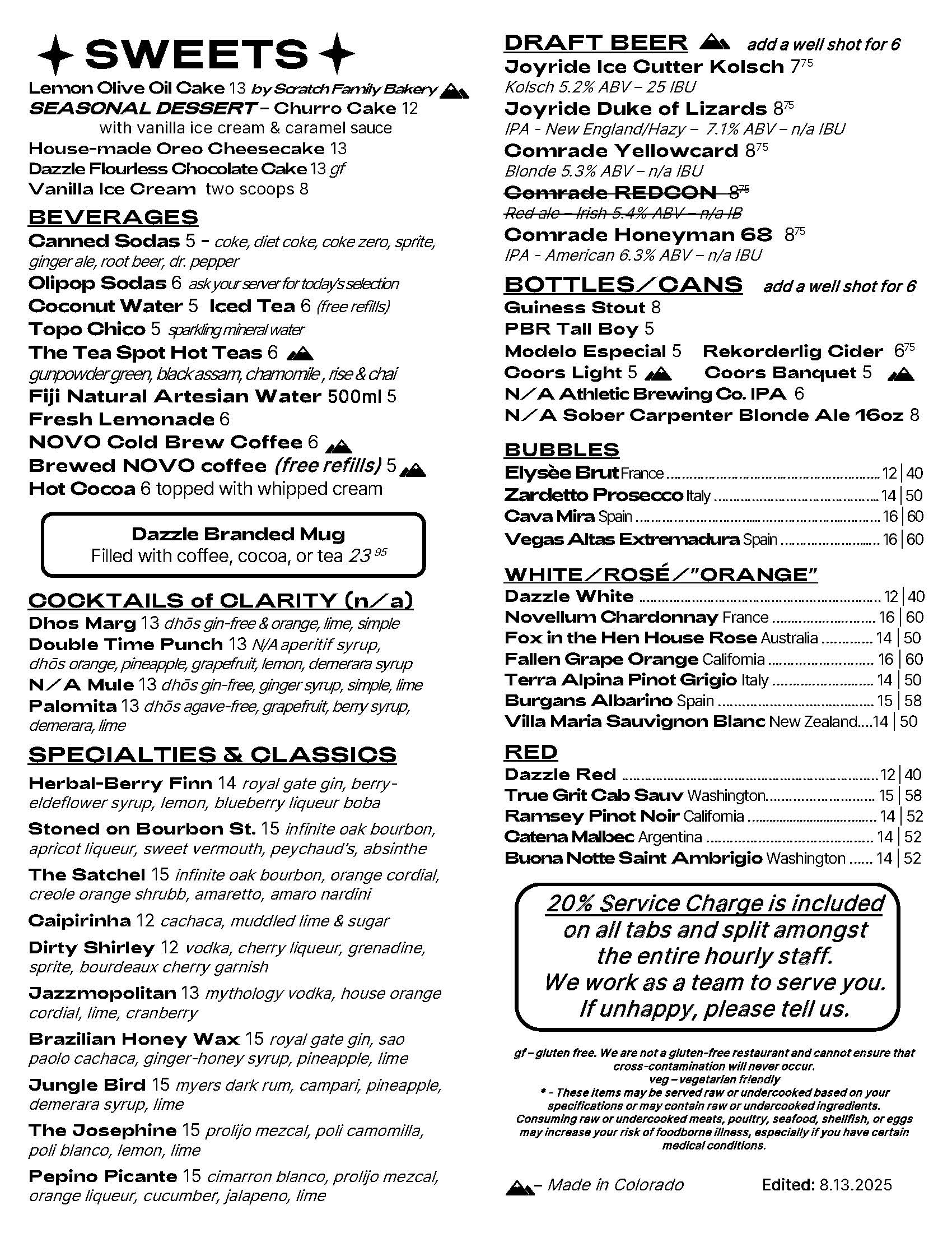 Dazzle Drink Menu