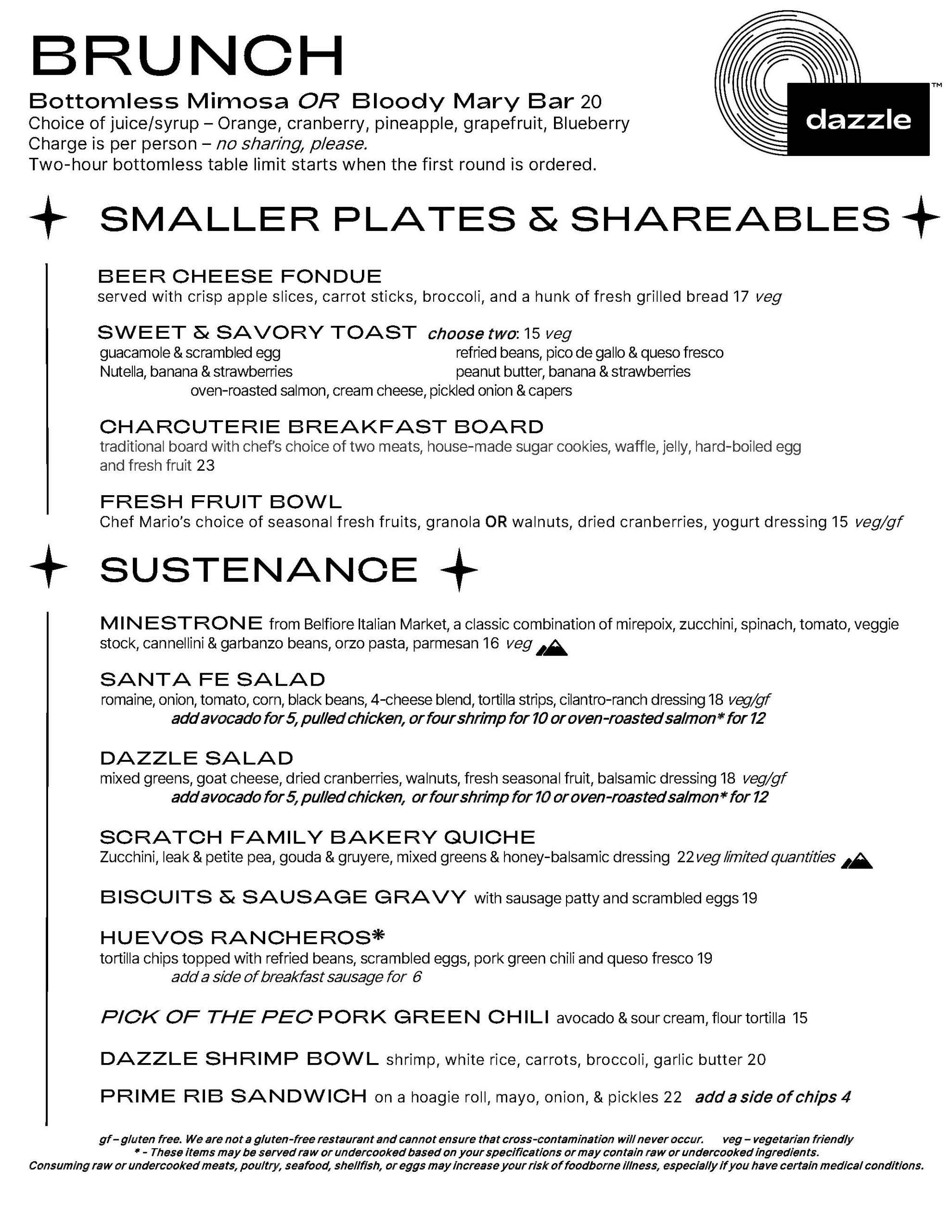 Dazzle Brunch menu