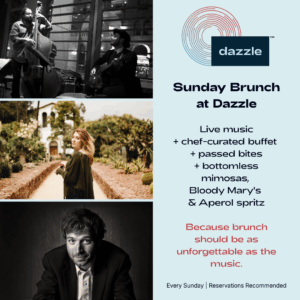 Three musician's headshots on the left and brunch description on the right