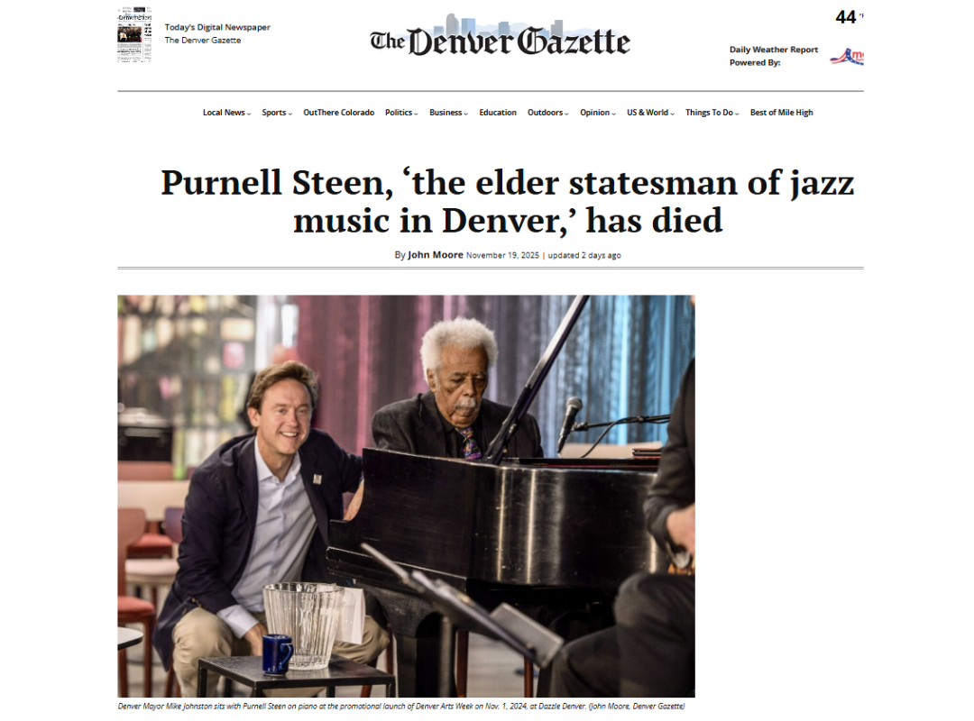 Denver Mayor Mike Johnston sits with Purnell Steen on piano at the promotional launch of Denver Arts Week on Nov. 1, 2024, at Dazzle Denver (John Moore, Denver Gazette)