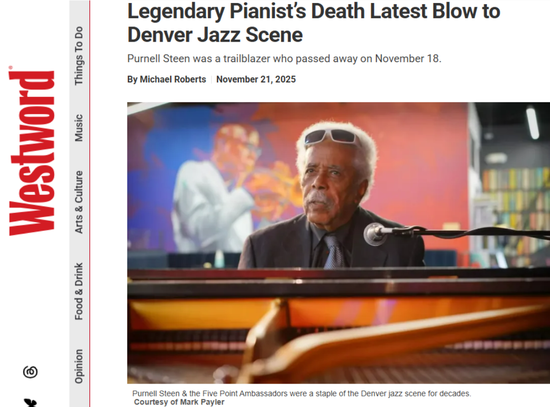 Purnell Steen sitting at a piano, looking at him from the inside of the piano with a mural of Ron Miles playing the cornet in the background.