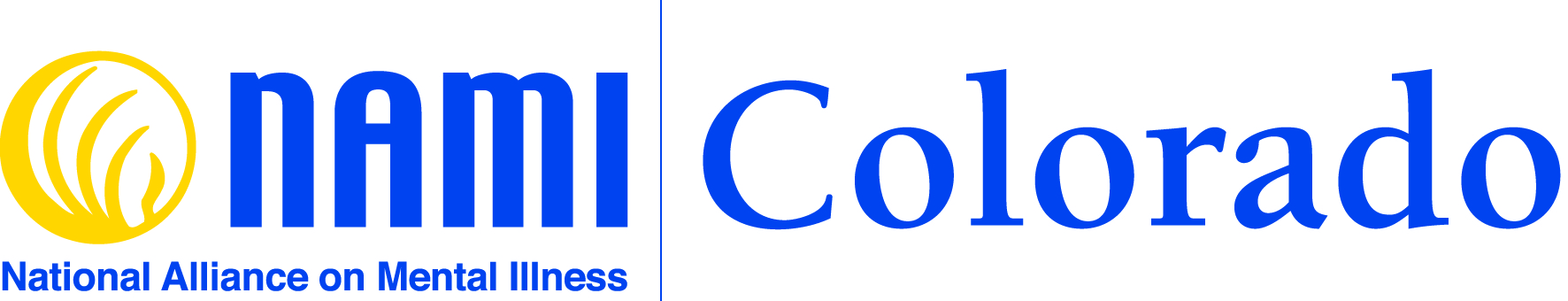 NAMI's logo is a yellow circle with a design in it, then the large letters n, a, m, i. Next to that it says, "Colorado," and in small print below it says National Alliance on Mental Illness